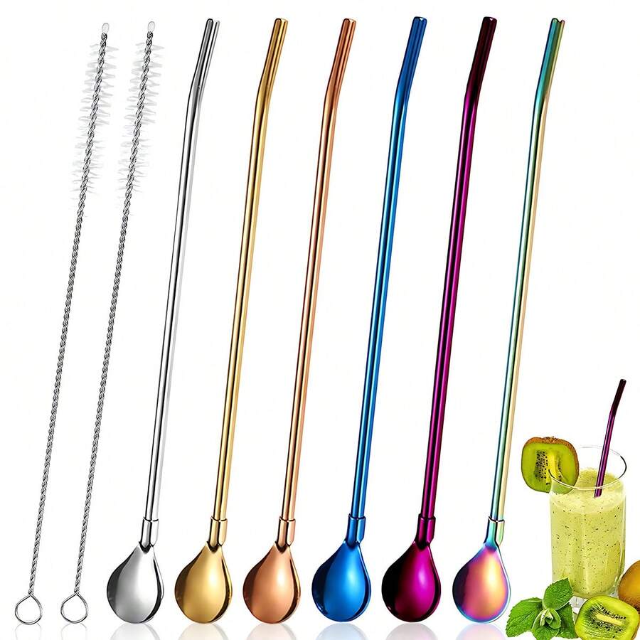 6pcs 2-In-1 Stainless Steel Straw & Spoon Set, Includes 2 Long Cleaning Brushes, 22cm/8.66in Reusable Straw & Spoon Set, Multi-Functional Drink Straw Cocktail Spoon For Milk Tea, Mixed Cocktails, Coffee Stirring - Multicolor - View 1