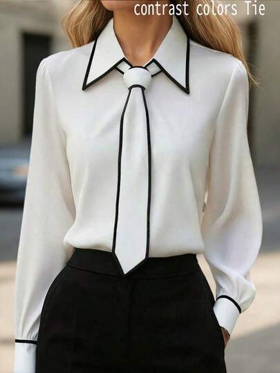 Blusa blanca elegante y minimalista para mujer, camisa de manga larga con cuello y ribete en contraste para uso diario, ir al trabajo y citas, primavera/otoño