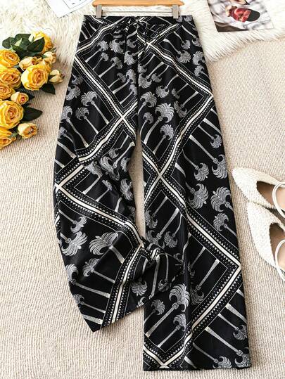 大码女式休闲波西米亚棕榈树印花裤