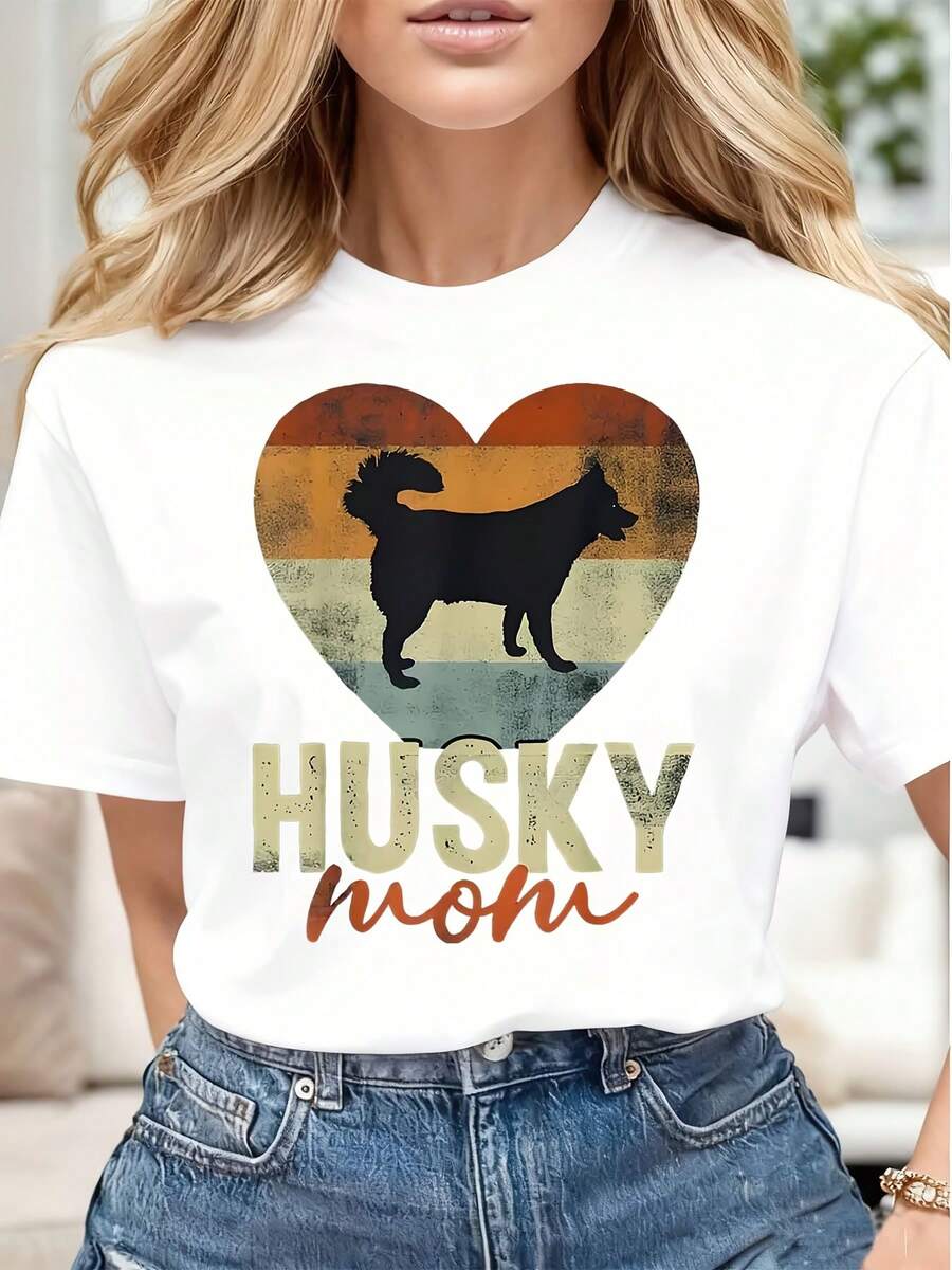 Husky Mom Vintage Heart Dog Print Women Casual T Shirt Soft Comfortable Gift For Mother Day Birthday Christmas - 白色 - 查看 1