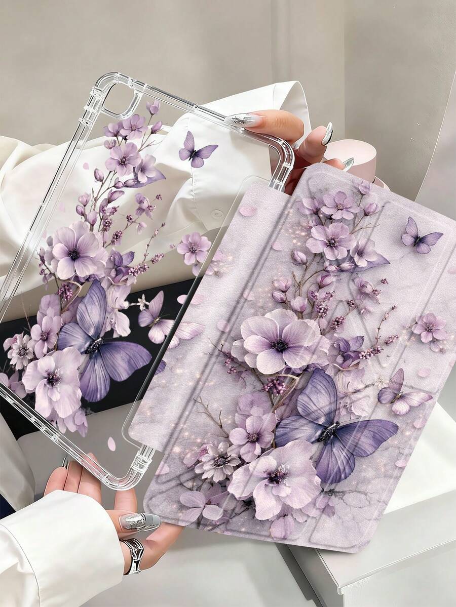 2D Butterfly Pattern Tablet Protective Case, Suitable For 11-Inch Air M3 2025/M2 2024, 5th Gen Air 2022, 11-Inch 2025 (A16), Galaxy Tab, Kindle Paperwhite 12th Gen 2024, Transparent Back, Fashionable Pattern, Auto Sleep/Wake, Shock-Proof, Suitable For Gifts And Office Use