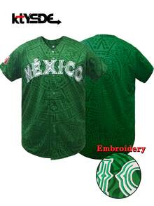KTYSDE Unisex Mexico Baseball Jersey, Mexico Letter Embroidery Design, Loose V-Neck Short Sleeve Button Cardigan Sportswear Top, Suitable For Sports And Casual Street Style, Latin Culture Themed Party - 綠色 - 查看 1