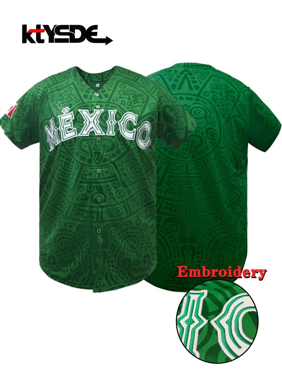KTYSDE Unisex Mexico Baseball Jersey, Mexico Letter Embroidery Design, Loose V-Neck Short Sleeve Button Cardigan Sportswear Top, Suitable For Sports And Casual Street Style, Latin Culture Themed Party - 綠色 - 查看 1