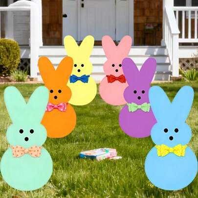 6pcs Easter Garden Decor Set | Classic Plastic Rabbit Themed Outdoor Decorations For Easter Celebrations, No Power Required