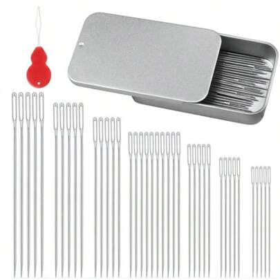1 Set Hand Sewing Needles With Iron Box, Includes 7 Different Sizes Of Hand Sewing Needles, Plus 1 Threader And 1 Thimble