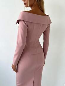 Women's Elegant Sexy Fitted Double-Breasted Belted Off Shoulder V-Neck Blazer Jacket, Suitable For Commuting, Dating, Parties, Street Photography And Other Occasions - Pink - View 3