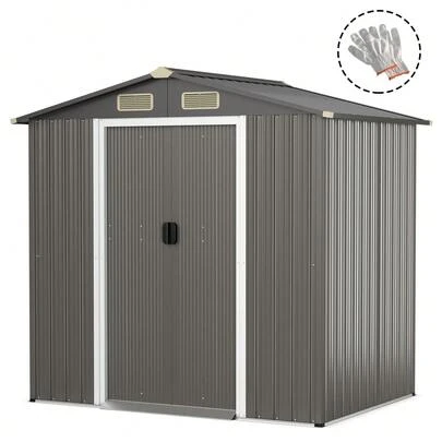  COSTWAY 6' X 4' Outdoor Storage Shed, Weather Resistant Galvanized Steel Shed With Tilted Roof, Lockable Sliding Doors & 4 Air Vents, Metal Utility Shed For Backyard, Garden, Patio, Lawn, Light Grey
