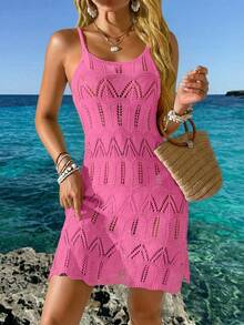 Women's Summer Bohemian Beach Vacation Dress, Colorblock Hollow-Out Knit Camisole Dress - Hot Pink - View 3