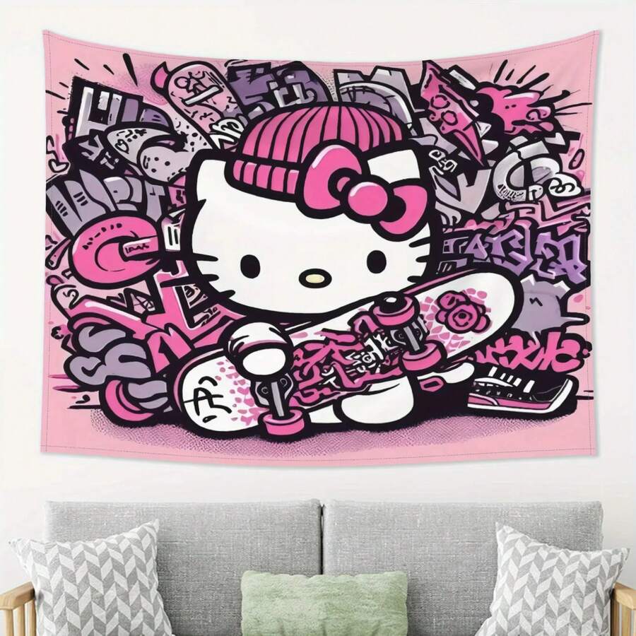 SANRIO 1 tấm thảm treo tường hình mèo con hoạt hình, tranh trang trí nhà cửa theo phong cách anime Nhật Bản dễ thương và sống động. - Nhiều màu - Xem 1