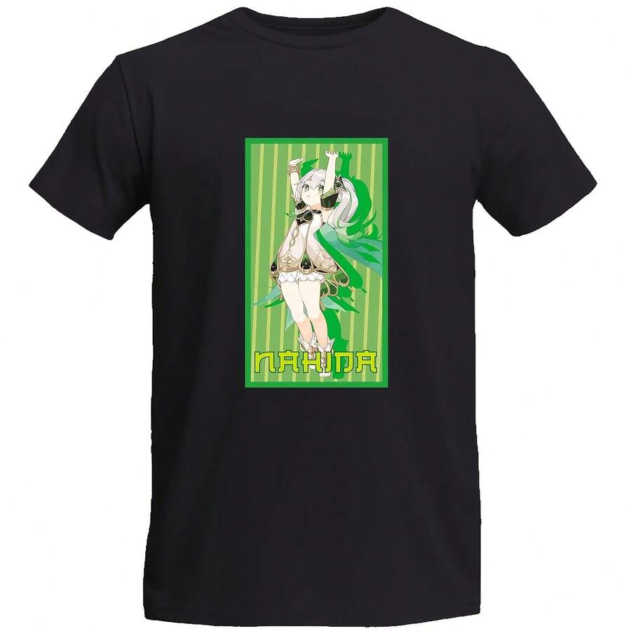 Playera para Hombre - Nahida- - Camiseta para Hombre Cuello Redondo - Color NegroBlanco - 100% Algodón - Anime Manga - Waifu - Manga Corta - Impresión alta resolución (S, Nahida, Negro) - Negro 2 - Ver 1