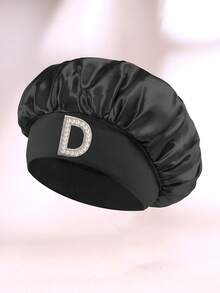 1 Pc A-Z Letter Hats Children' Elastic Wide Brim Satin Sleeping Cap Elastic Caps Fit, Hair Protection, Ultra Soft & Breathable With Anti-Slip Lining - Black - View 6