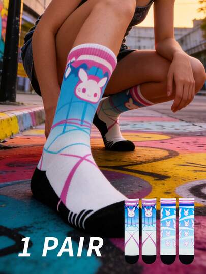 1 Pair Of Street-Style Women's Mid-Calf Socks, Bunny Pattern, Socks, Suitable For Couples, Comfortable Fabric, Hand-Painted Pattern, And Versatile, Punk Fashion, Individual Freedom, Bad Bunny,Suitable For Daily Outdoor Wear