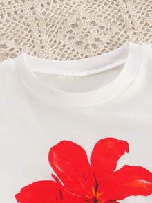 2件套女童休闲碎花圆领上衣和松紧腰工装裤套装，春夏款 - 紅色 - 查看 3