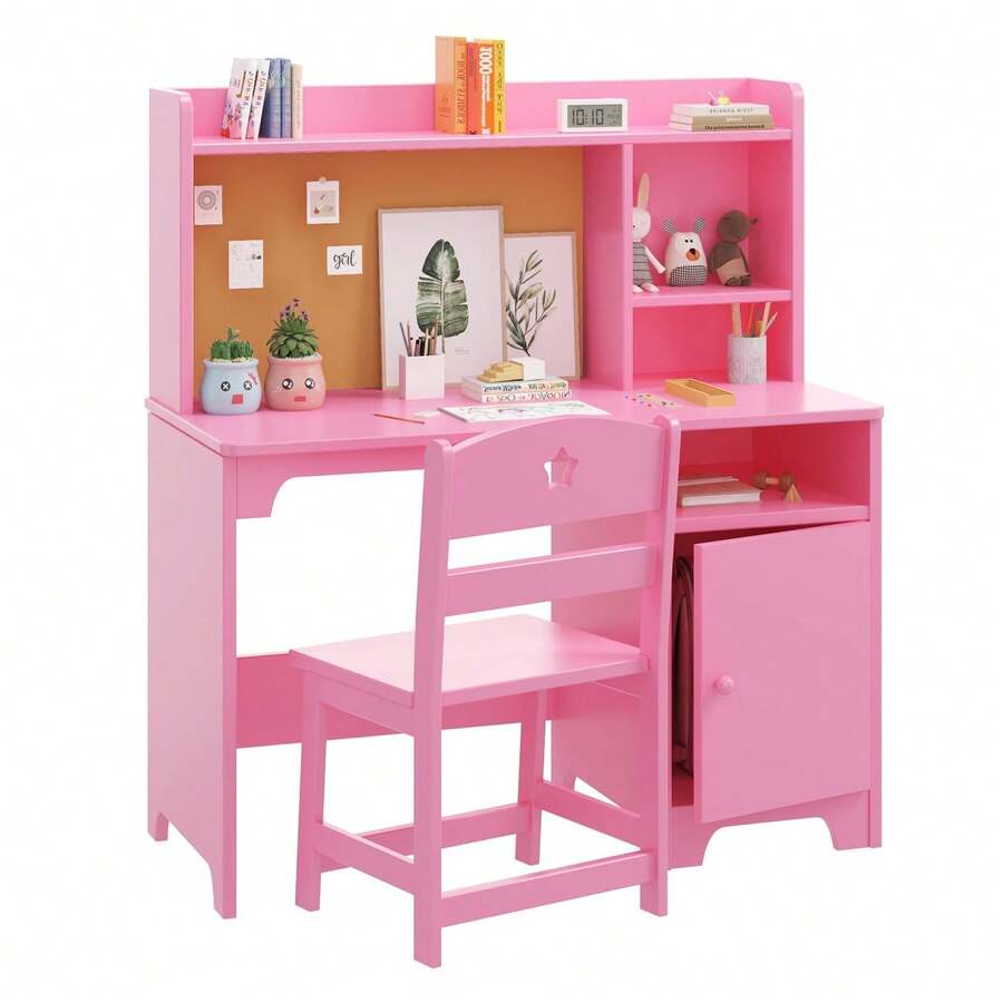Juego de Escritorio y Silla de Madera con Alacena y Almacenamiento, Mesa de Estudio Regulable en Altura para Oficina en Casa y Dormitorio - rosa - Ver 1