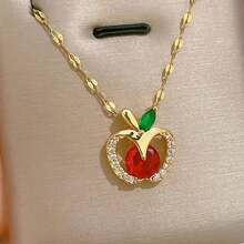 1pc Stainless Steel Chain Apple Pendant Necklace With Zirconia, Jewelry Gift Accessory - Golden Apple - View 3