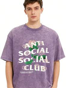 1pc Retro Water Washed T Shirts, Artistic Graphic Featuring A Blooming Rose Intertwined With Bold Anti Social Club Text Symbolizing Contrast Between Beauty And Isolation Vintage 100% 230g Pure Cotton Casual Tee For Men,Street Y2K, Summer Tops, New Year Gifts,Unisex - Màu tím  Violet - Xem 1