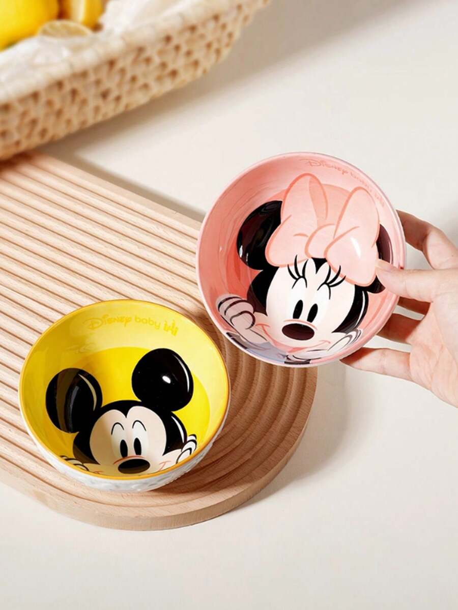 Juego de tazones de arroz de cerámica de Disney Mickey y Minnie, vajilla de color bajo esmalte, vajilla para microondas para el hogar y la cocina, set de 2/4 piezas
