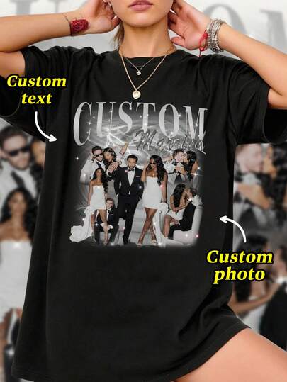 Customized Photo Women's T-Shirt, Add Your Favorite Photo And Text (Girlfriend Photo/Couple Photo/Family Photo/Selfie/Pet Photo/Friend Photo) To Design Your Own Personalized Printed T-Shirt, Suitable For (Anniversary/Wedding Vow/Engagement Announcement/The Day You Became A Couple), Suitable For Best Friend/Sister Group Customization, Suitable For Daily Wear/Wedding Party/Company Gathering/Family Gathering