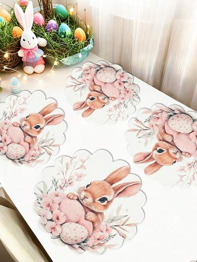Bộ 4 tấm lót bàn ăn bằng vải lanh dày dặn, họa tiết trứng thỏ Phục Sinh, có thể giặt được, viền lượn sóng - Họa tiết hoa rực rỡ, trang trí tiệc Phục Sinh, trang trí Chúc mừng Phục Sinh, trang trí phòng, hoàn hảo cho sử dụng hàng ngày và các bữa tiệc ngày lễ, đồ dùng bàn ăn theo mùa, bày biện bàn ăn ngày lễ, trang trí tiệc mùa xuân, vải, đồ trang trí bàn ăn, đồ dùng tiệc tùng, trang trí nhà cửa.