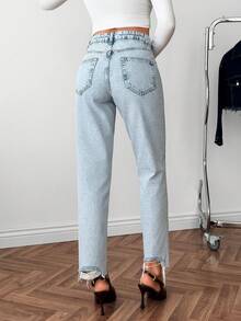 High Waist Plain Casual Comfortable Denim Pocket Zipper Button Jeans - Blue - View 6