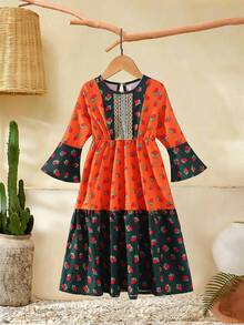 Đầm hoa nhí tay raglan cổ tròn cho bé gái, thích hợp mặc mùa hè. - trái cam - Xem 2