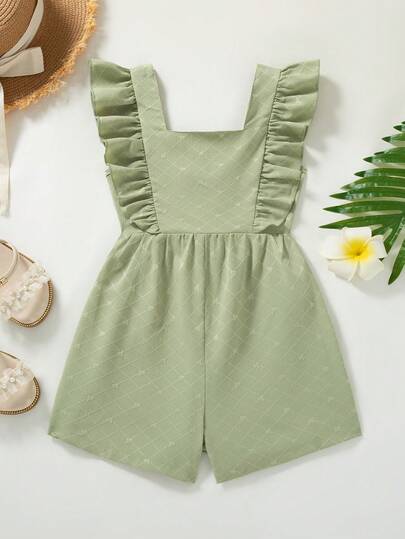 Girls' Casual Solid Color Sleeveless Square Neck Romper With 3D Bow Design, Suitable For Spring & Summer