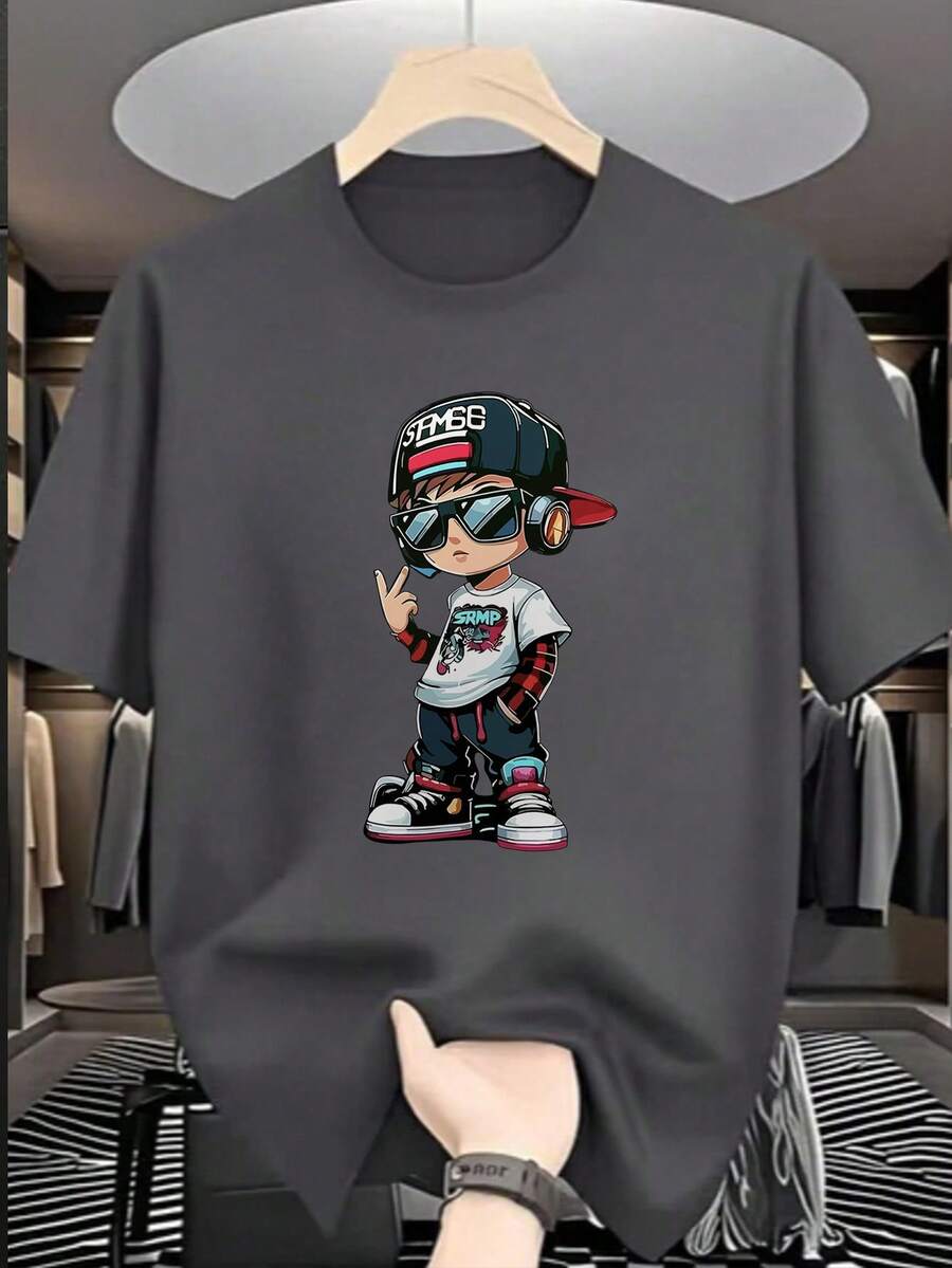 Tween Boys Casual Printed Round Neck Short Sleeve T-Shirt Top For Summer - Dark Grey - View 1