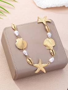 1件夸张性感优雅海星贝壳珍珠女士时尚腰链，适合海滩、派对、宴会和日常佩戴 - 金黃色 - 查看 3