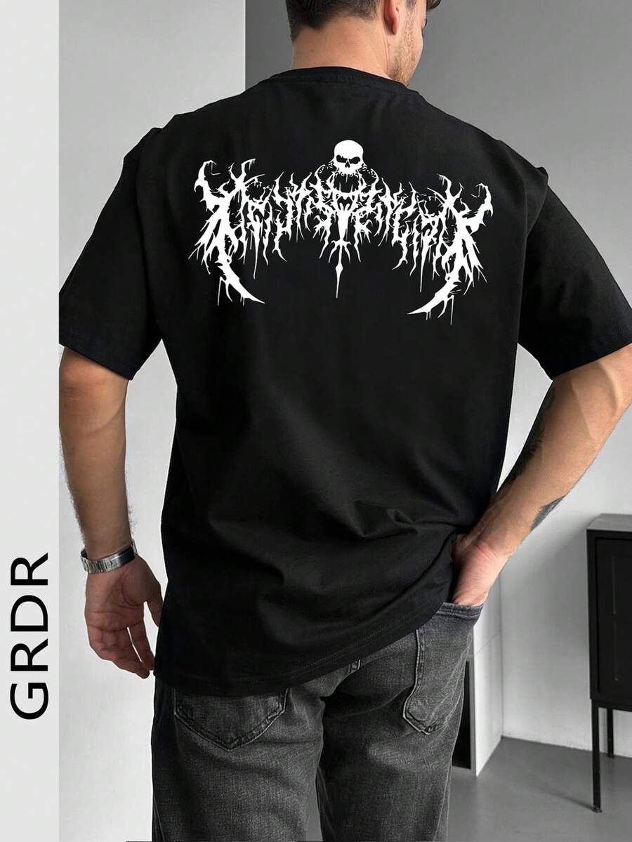 GRDR Camiseta casual holgada de manga corta y cuello redondo con estampado de calavera y texto en estilo death metal negro y blanco para hombre, primavera/verano - Negro - Ver 1
