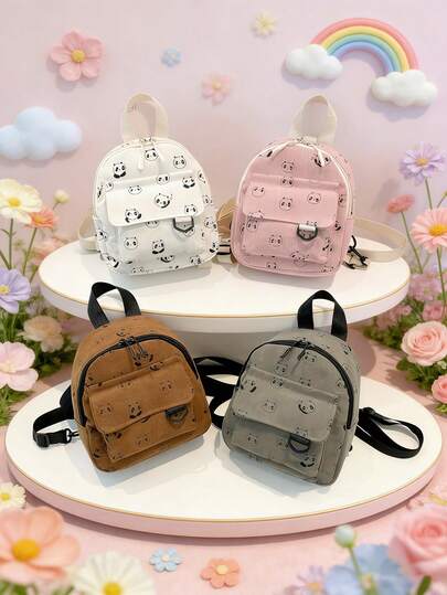 1个时尚简约纯色灯芯绒条纹背包，卡通熊猫图案清新甜美小巧背包，拉链开合，舒适多功能可调节肩带，适合各种场合，包括户外、玩耍、通勤等。