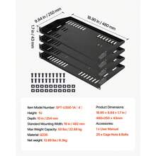 Estante para Rack de Servidor de 1U, 4 Unidades, Capacidad de Carga Máxima de 22,68 kg, Ventilación en Voladizo, 25,4 cm de Profundidad, para Equipos de Red Informática con Gabinete de 48,26 cm - 22,68 kilogramos - Ver 7