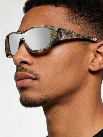 1副男士复古包覆式时尚眼镜，白色水银镜片，时尚迷彩黑色镜框，轻便，适合户外活动，带眼镜盒