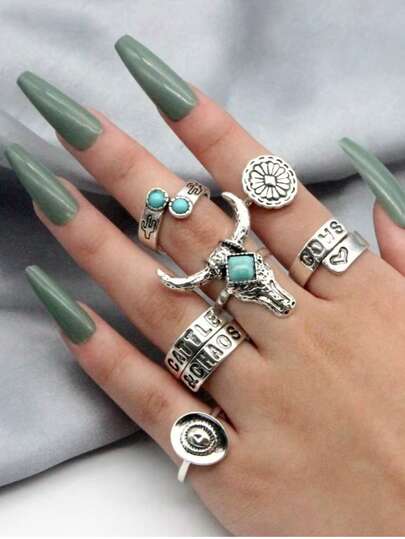 全新复古波西米亚风格绿松石雕刻牛头六件套