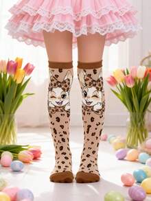 1 Pair Cute Rabbit Ears Leopard Print Knee High Socks, Cute Funny Bunny Over The Knee Socks, Fashion Funny School Running Athletic Sports Socks, Back To School Students Teenagers Girls Socks, Valentine Day Gift - Multicolor - View 1