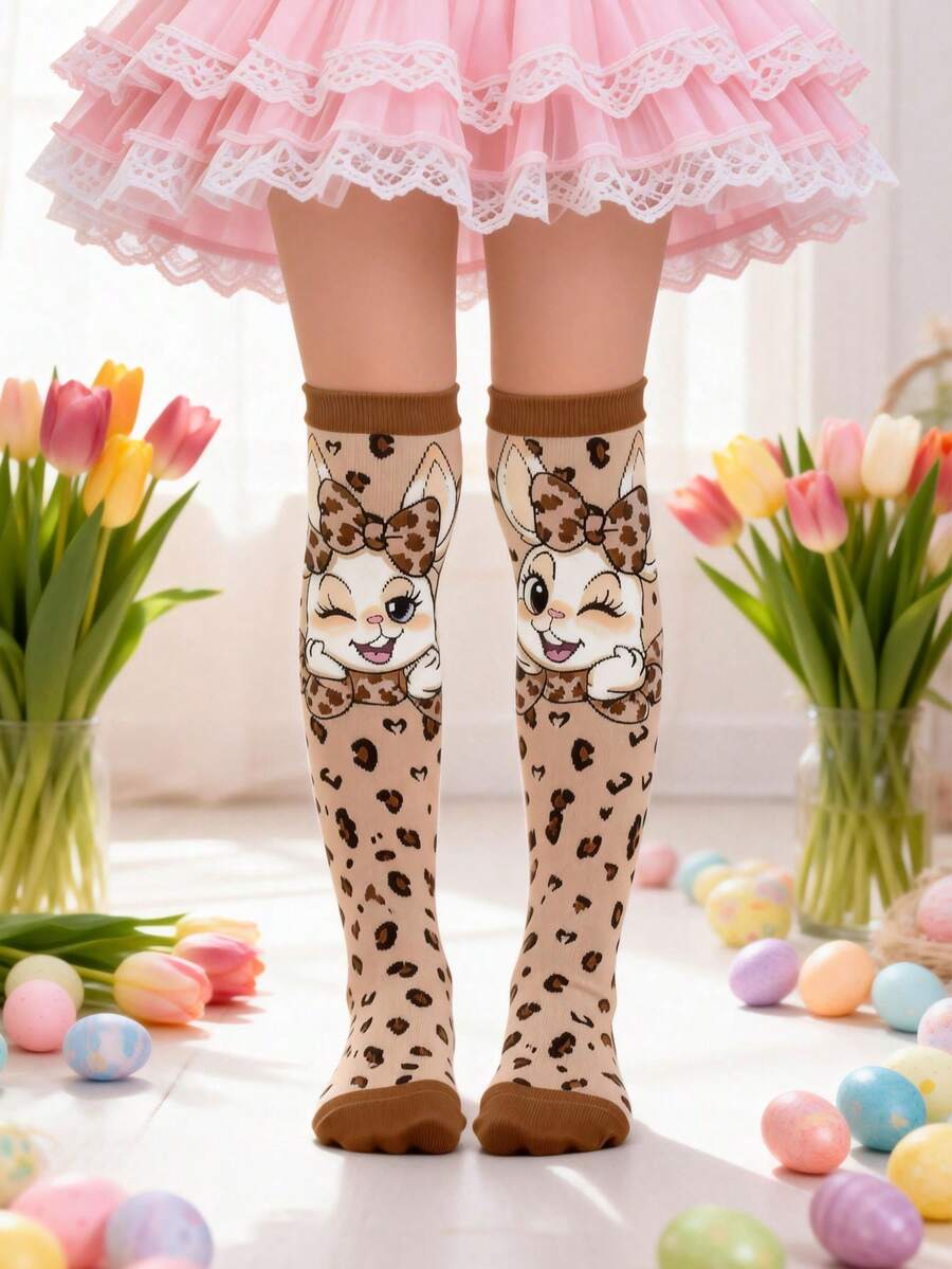 1 Pair Cute Rabbit Ears Leopard Print Knee High Socks, Cute Funny Bunny Over The Knee Socks, Fashion Funny School Running Athletic Sports Socks, Back To School Students Teenagers Girls Socks, Valentine Day Gift - Multicolor - View 1
