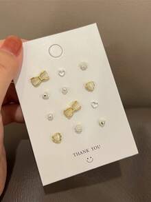 Heart & Bow Tie Cat Eye Stone Luxury Delicate Earrings Set For Women - Gold - View 3