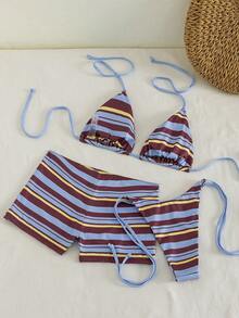 3 piezas Conjunto de bikini de mujer con tela acanalada, estampado de rayas y escote halter con calzones, para vacaciones de verano en la playa - Multicolor - Ver 4