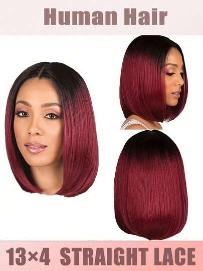 短直波波头假发，真人发丝制成，预先拔毛和修剪的13x4蕾丝前额，专为初学者设计的直波波头假发，99J酒红色渐变挑染短款波波头假发，真人发丝直发13x4透明蕾丝前额波波头假发，200%密度，适合女性佩戴，8-16英寸酒红色渐变99J酒红色挑染，自然发际线，日常佩戴假发