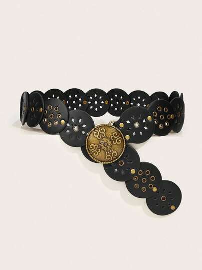 1pc Boho Vintage Hollow-Out Patchwork Black Belt, Country Punk Style Gold Printed Buckle Waist Belt, Fashion Waist Accessory For Skirts, Pants, Coats, Suitable For Daily Wear, Parties, Music Festivals