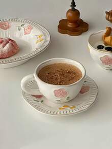 1pc Vintage Floral Glazed Ceramic Coffee Cup & Saucer Set, Niche Creative 3D Embossed Distressed Teacup, Elegant Afternoon Tea Cup, High-Quality Latte Art Cup, Lovely Office Milk Cup, Housewarming/Birthday Gift For Her - Multicolor - View 5