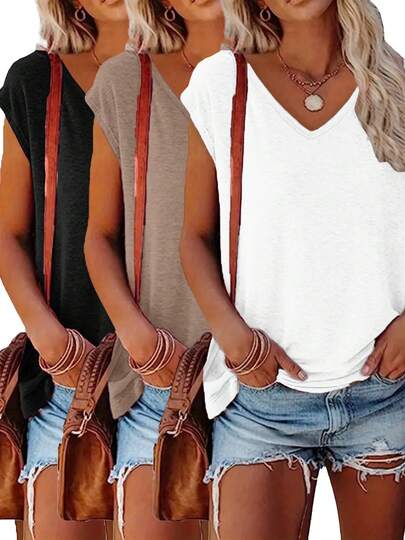 3 piezas Camisetas casuales sueltas de cuello en V de unicolor, cómodas y de moda para uso diario y en el hogar en primavera/verano