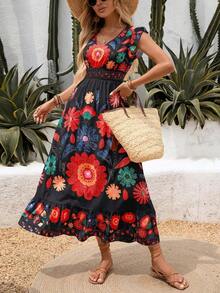 New Autumn Lightweight V-Neck All-Over Cute Leaf & Floral Print Bohemian Casual Pleated Ruffle Hem Waist Splice Maxi Dress, Suitable For Music Festivals, Women's Holidays, Country Music Concerts, Graduation, Parties, Back To School, Teacher's Day, Halloween, Christmas - 黑色 - 查看 7