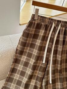 Women's Versatile Plaid Pocket Drawstring Pants, Suitable For Daily, Holiday, Office, Date, Travel, All Seasons - Coffee Brown - View 4