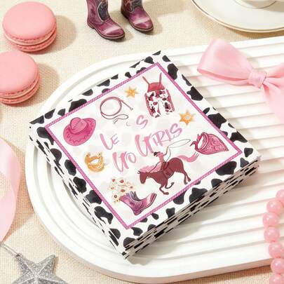 40张西部牛仔主题纸巾 - 纸质，甜美又性感的牛仔风格，奶牛纹边饰 + 粉紫色牛仔元素（牛仔帽/牛仔靴/骑马图案）+ “LET'S GO GIRLS” 印花，适合西部主题派对/牛仔主题生日庆典/时髦女孩聚会及日常使用。