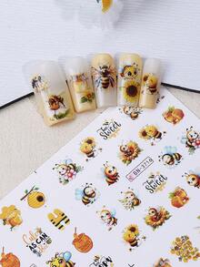 1张12款蜜蜂系列美甲贴纸，包括滴落蜂蜜、雏菊花、蜜蜂图案水贴，美甲装饰，春夏美甲用品 - 彩色 - 查看 7