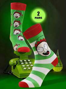 Warner Bros 两双男女通用袜子，印有莫迪大头像、圣诞帽和条纹圣诞元素，适合所有季节和圣诞节穿着。 - 彩色 - 查看 8