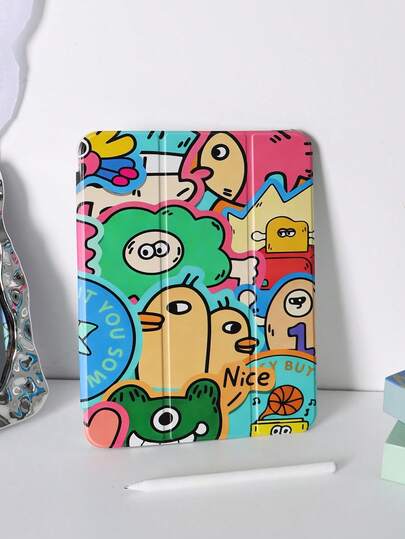 1pc Colorful Monster Cartoon Pattern Cute Monster Fun Illustration Painted Tablet Case, Suitable For IPad 10th/11th/10.2/10.5/Air4/Air5/10.9/Pro11/Air 11-In.(M2)-2024/Pro 11-In.(M4)-2024/IPad Air 11-Inch (M3) 2025/IPad (A16) 11 Inch 11th Generation 2025, Mini6/Mini7/Air1/Air2/9.7, Tab A8 10.5 Inch 2022, Built-In Pencil Slot, Tri-Fold Stand, Magnetic Sleep/Wake, Minimalist/Creative/Personalized/Fun/Cute/Niche