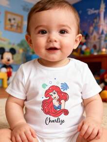 Disney Baby Girl T-Shirt Features A Disney Princess Ariel Cartoon Alphabet Print Design Made From Breathable, Soft, And Comfortable Fabric Spring/Summer Style Infant And Toddler T-Shirt Perfect For Everyday Wear, Outings, And As A Gift For Babies And Children - 白色 - 查看 1