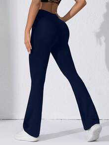 Freedom 1 pieza Pantalones de campana de cintura alta negros para mujer, pantalones casuales cómodos de ajuste ceñido y elástico, adecuados para bailar y yoga - Azul marino - Ver 3