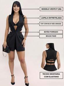 TETE FASHION Macaquinho Jardineira Colete Blazer Cropped Top Montaria Feminino 9151 - Preto - Visão 8